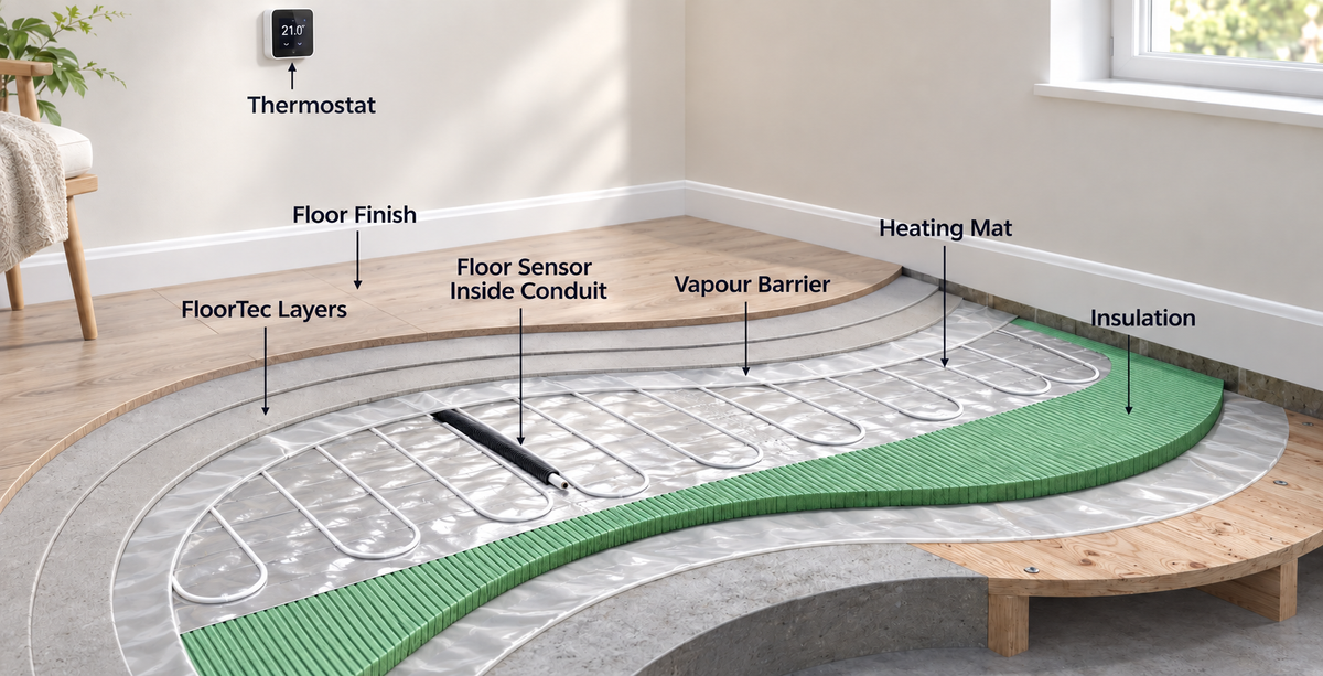 FloorTec electric underfloor heating system beneath a floor finish
