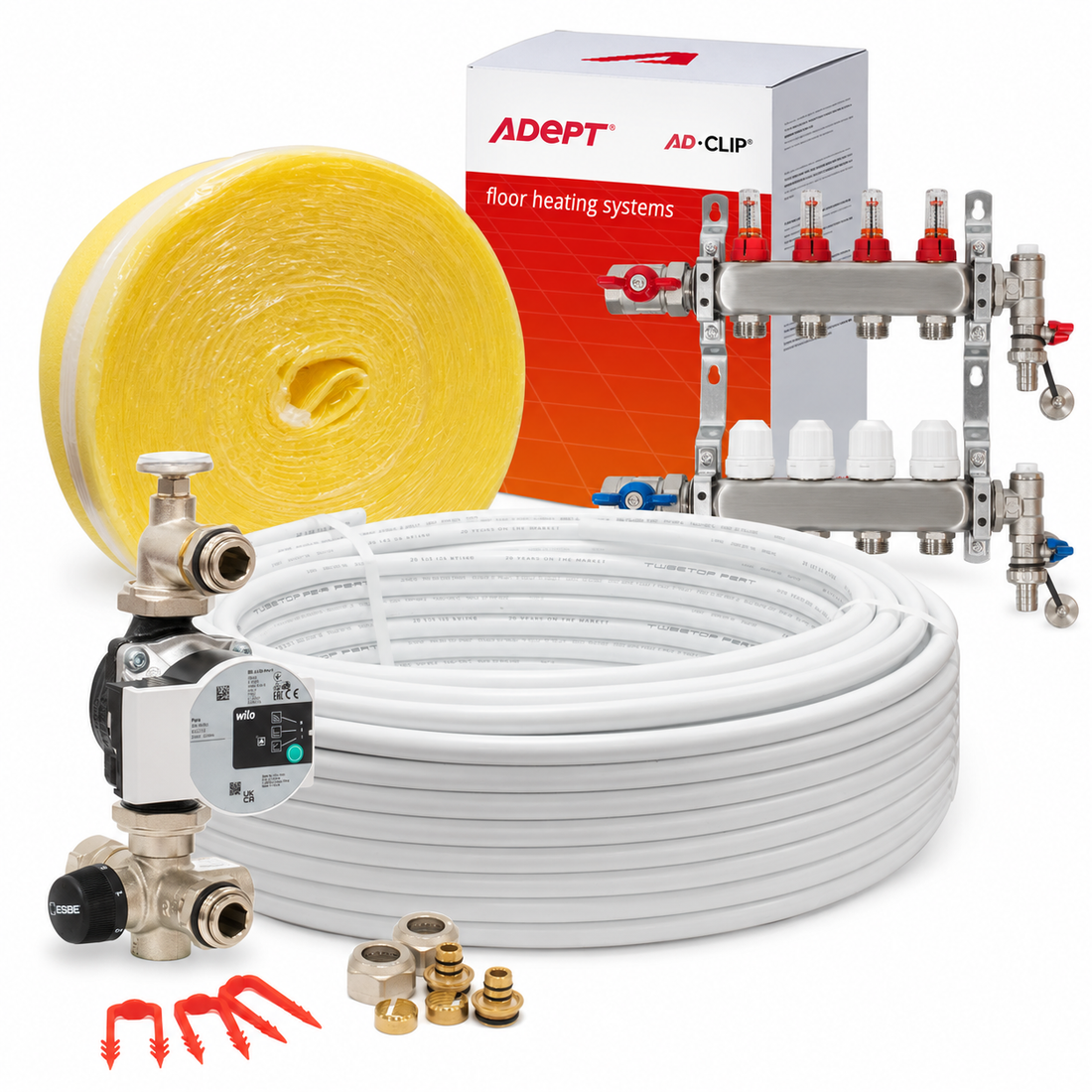 AD-CLIP kit with pipe, tacker clips, edge insulation, manifold, pump and fittings