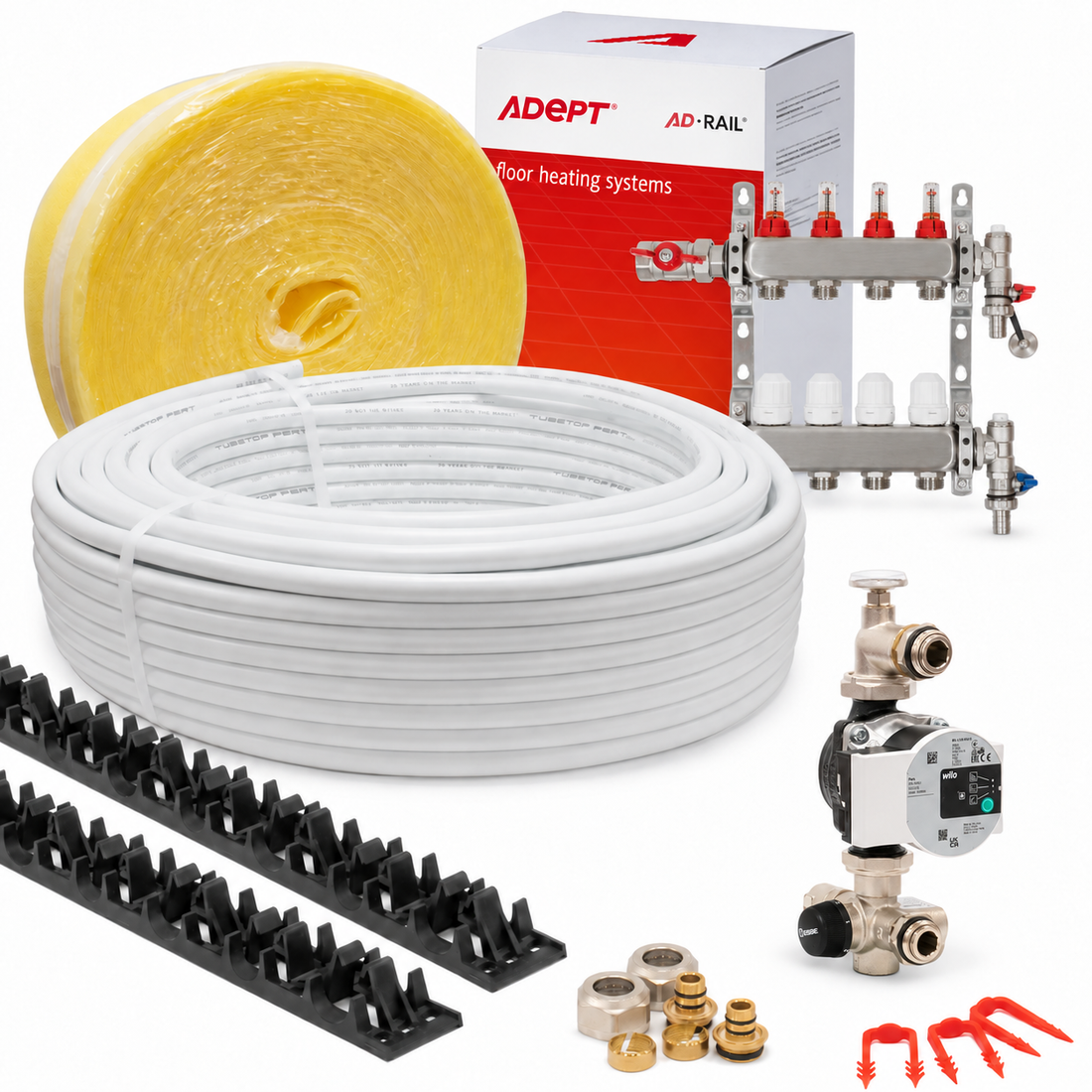 AD-RAIL kit with pipe, grip rails, edge insulation, manifold, pump and fittings