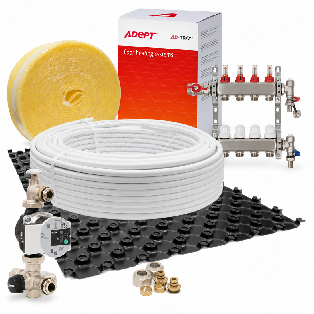Adept AD-TRAY kit with castellated panels, heating pipe, edge insulation, manifold and pump