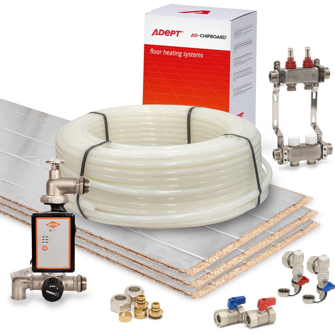 Adept AD-CHIPBOARD underfloor heating kit with foil-faced panels, heating pipe, manifold, pump and controls