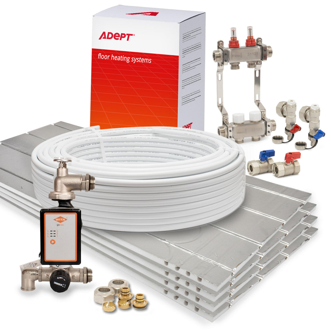 Adept AD-EPS400 underfloor heating kit with foil-faced panels, heating pipe, manifold, pump and controls