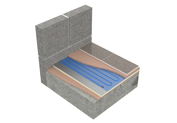 A 3D isometric rendering of a floor heating system cross-section, showing a gray stone or concrete slab wall and floor with a blue serpentine heat pipe embedded in a beige and gray base layer.