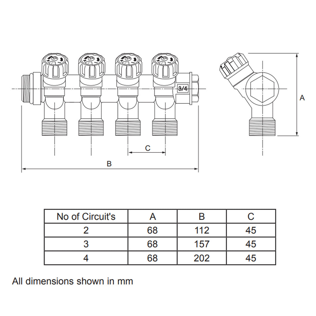 Potable Manifolds showing 2, 3 and 4 ports - Dimensions