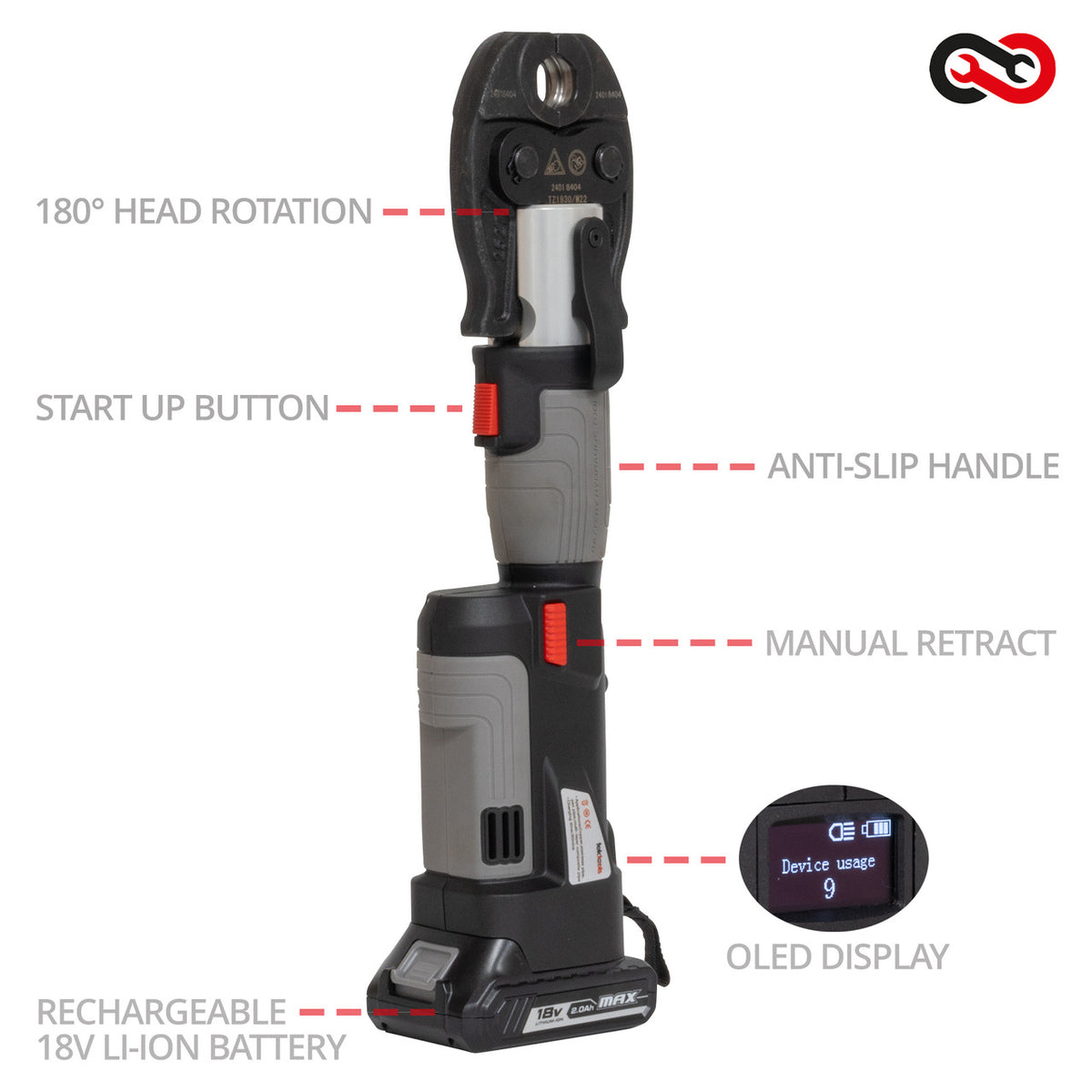 TekTools TZ1930 Cordless Press Tool - (With Charger & 2 Batteries) - Key Features