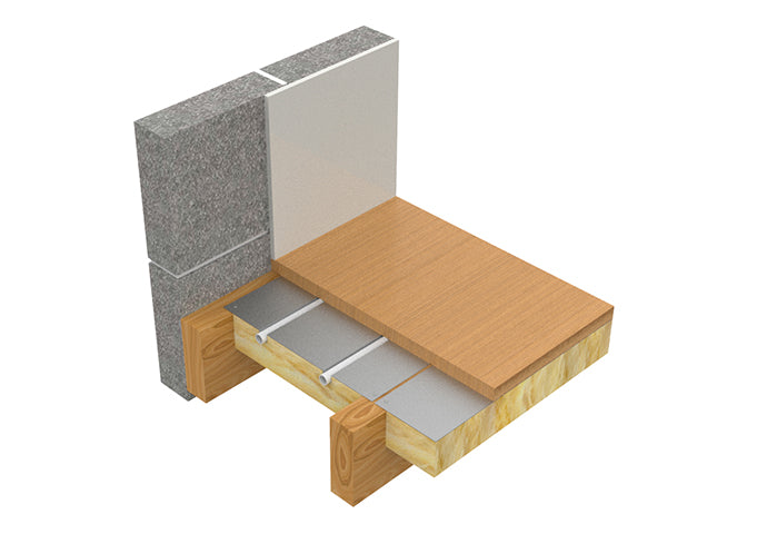 AD-PLATE floor build-up showing aluminium spreader plates and heating pipe above insulated timber joists
