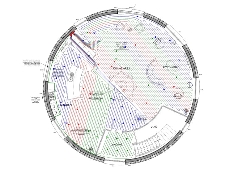 Underfloor heating pipe loop layout plan for multiple rooms